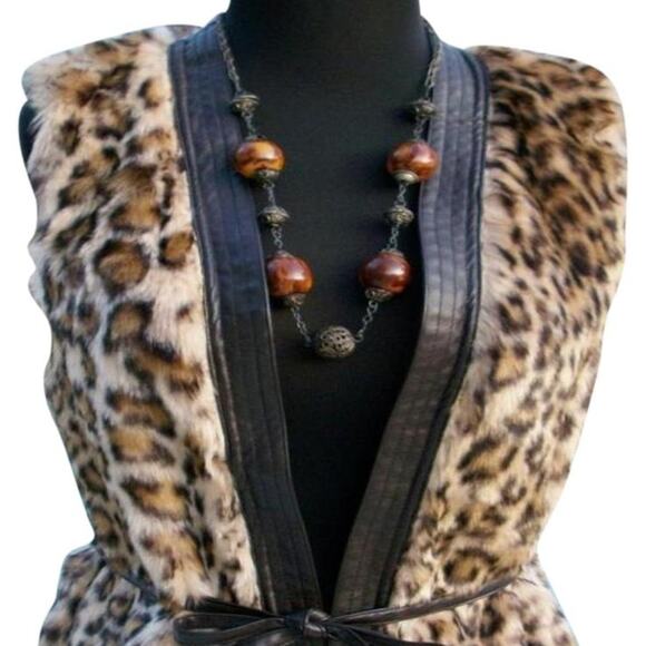 Cache Cheetah Faux FUR Vest pLeather Trim + Belt Lined Top New Animal NWT $178 - Picture 3 of 6